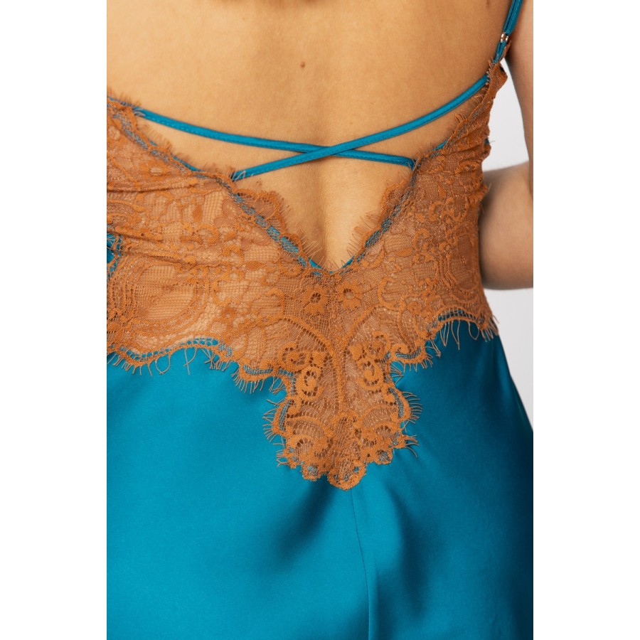Nuisette satén microfibra azul y naranja detalle tirantes